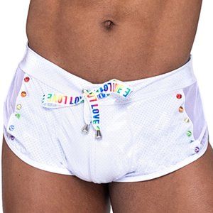 Rainbow Studded Vinyl Mesh Runner Shorts - White